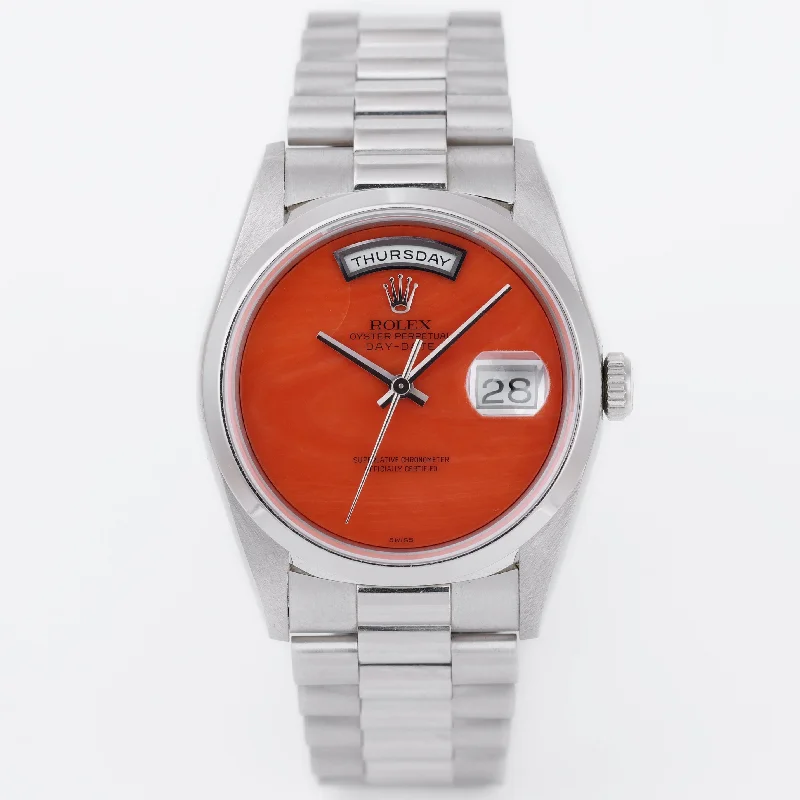 men's Rolex watches with perpetual calendar -​Rare Unpolished Rolex Day-Date | Coral Dial | REF. 18206 | Platinum | 36mm | 1991