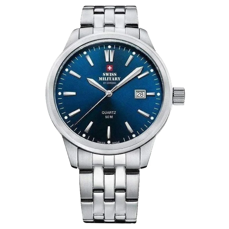 Men's Military Watches with Vulnerability Analysis-Swiss Military Stainless Steel Blue Dial Men's Watch - SMP36009.03