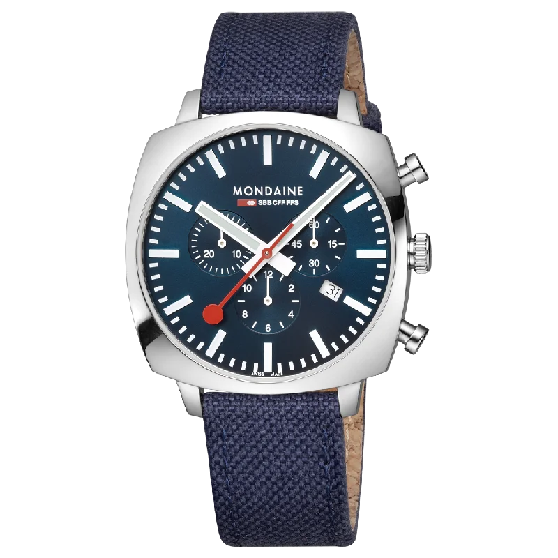Men's Chronograph Watches for Collectors-MSL.41440.LD.SET Mondaine Official Swiss Railways Grand Cushion 41mm Deep Ocean Blue Watch Set
