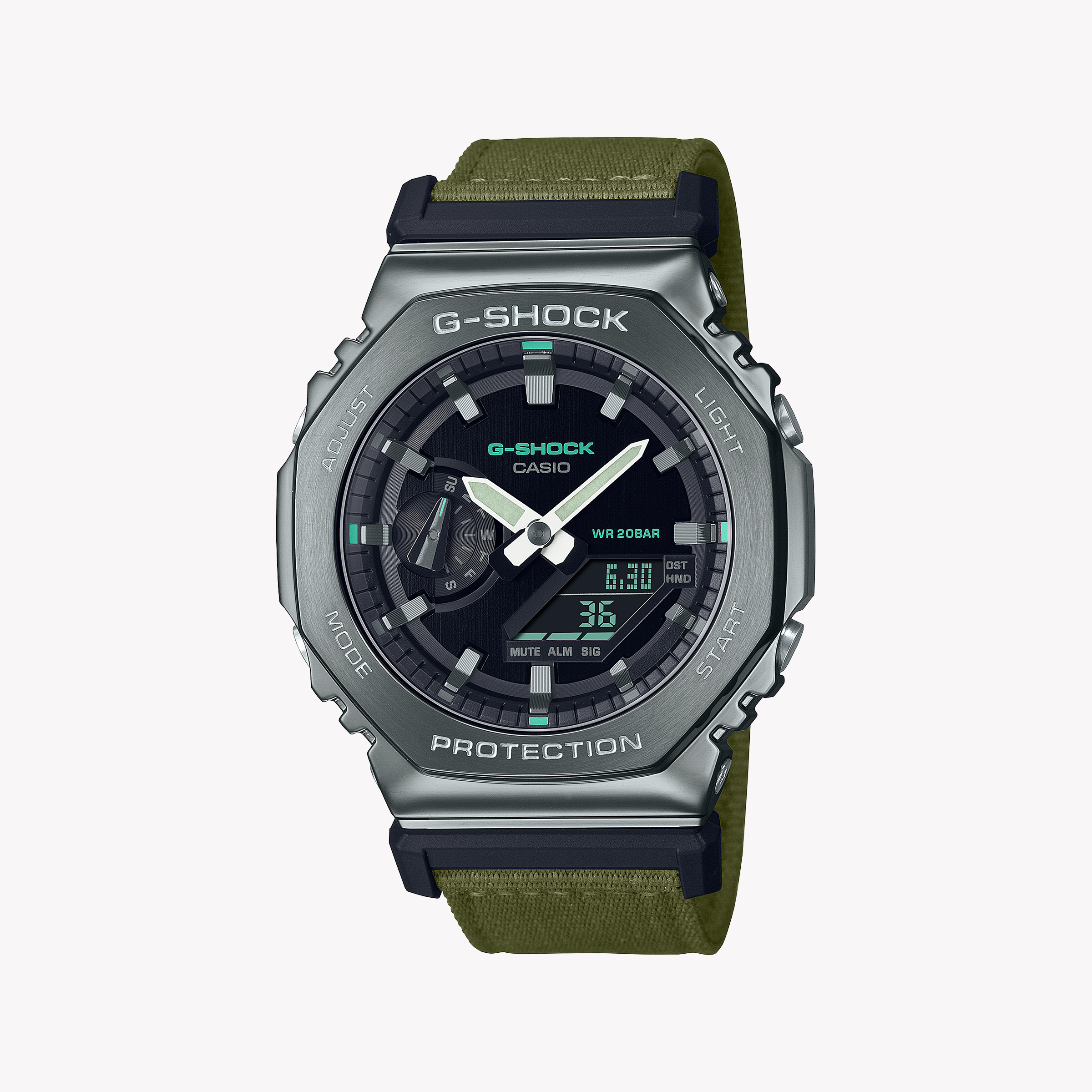 Men's Digital Watches for Customization-G-SHOCK Men's Green Fabric Watch, Silver Case | GM-2100CB-3ADR