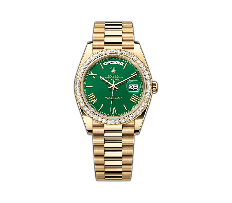 men's Rolex watches with smooth bezel -​40mm Green Roman Dial Diamond Bezel 18k Yellow Gold Bracelet