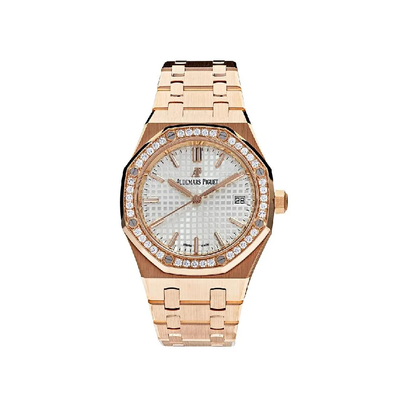 Men's Audemars Piguet Engraved Design Watches-Audemars Piguet Royal Oak 77351OR.ZZ.1261OR.01 'Ladies' Rose Gold White Dial Diamond Bezel (2022)