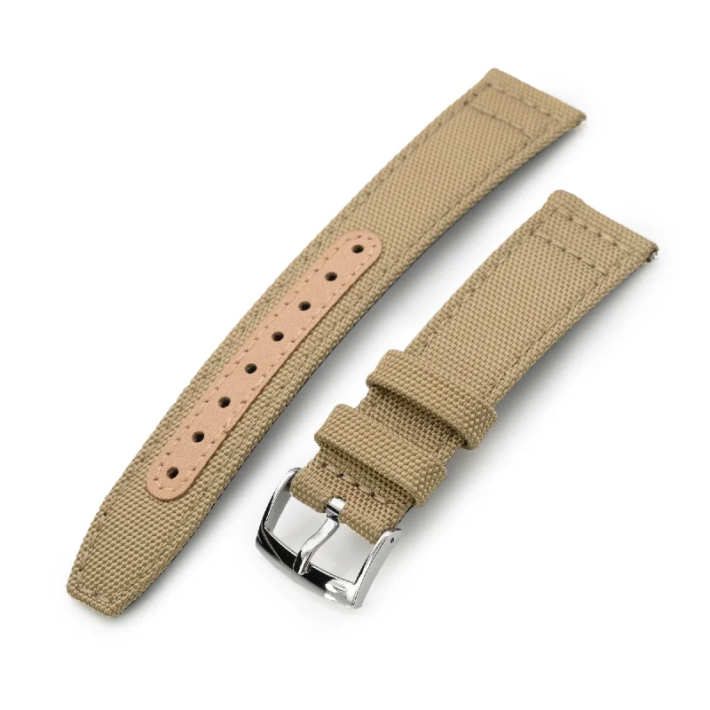 Men's Military Watches for Jazz Clubs-Q.R. 20mm Khaki Sailcloth Watch Band with leather lining