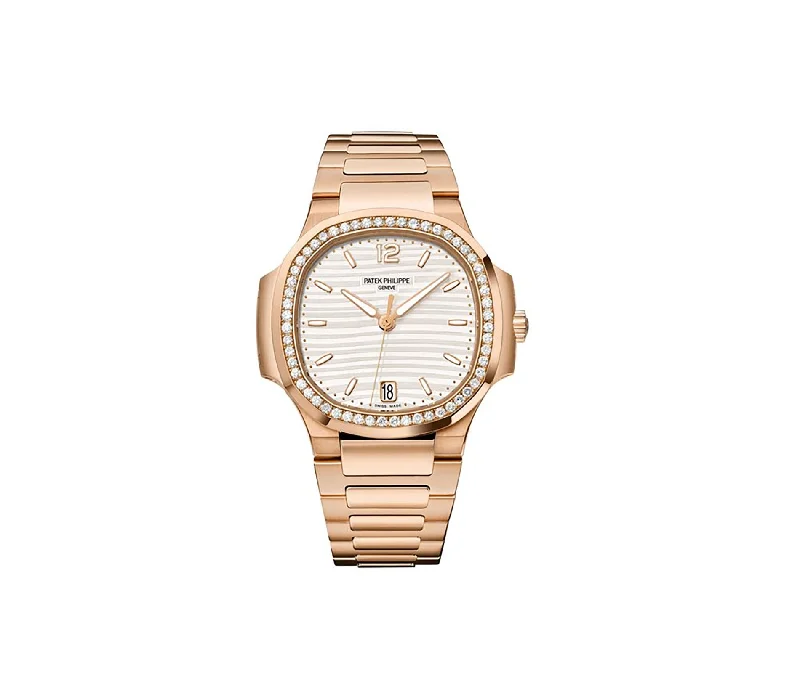 Men's Patek Philippe Watches with Leather Straps-35mm 18k Rose Gold Silver Dial Diamond Bezel