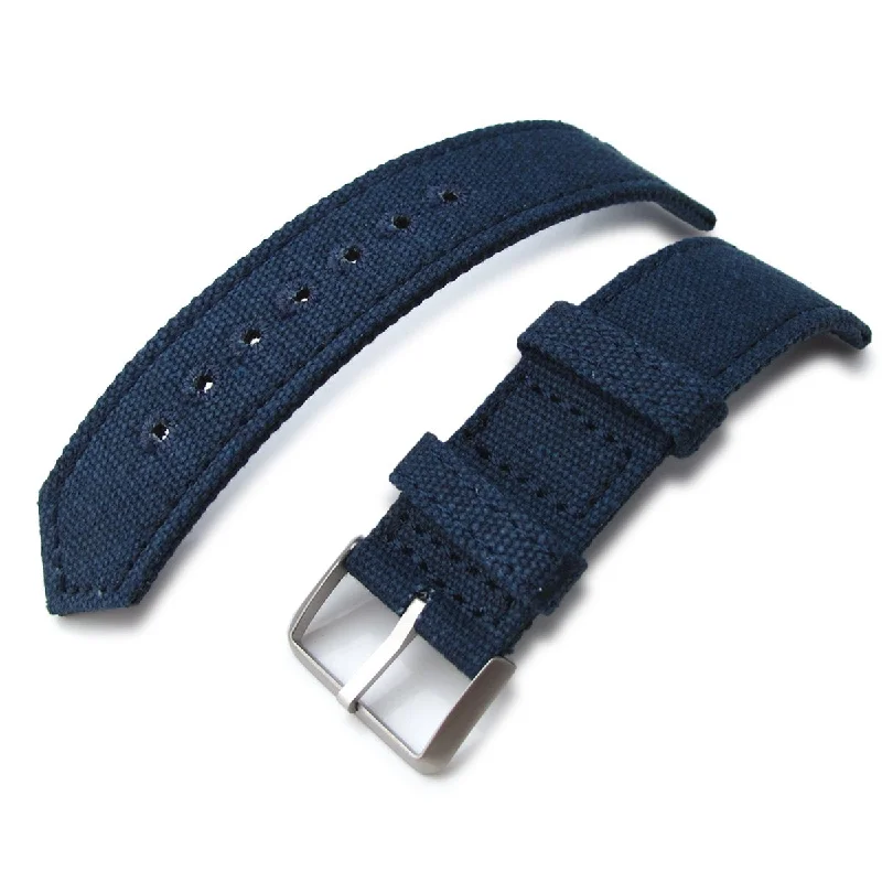 Men's Military Watches for Intelligence Surveillance-20mm, 21mm or 22mm MiLTAT WW2 2-piece Navy Washed Canvas Armband with lockstitch round hole, Sandblasted