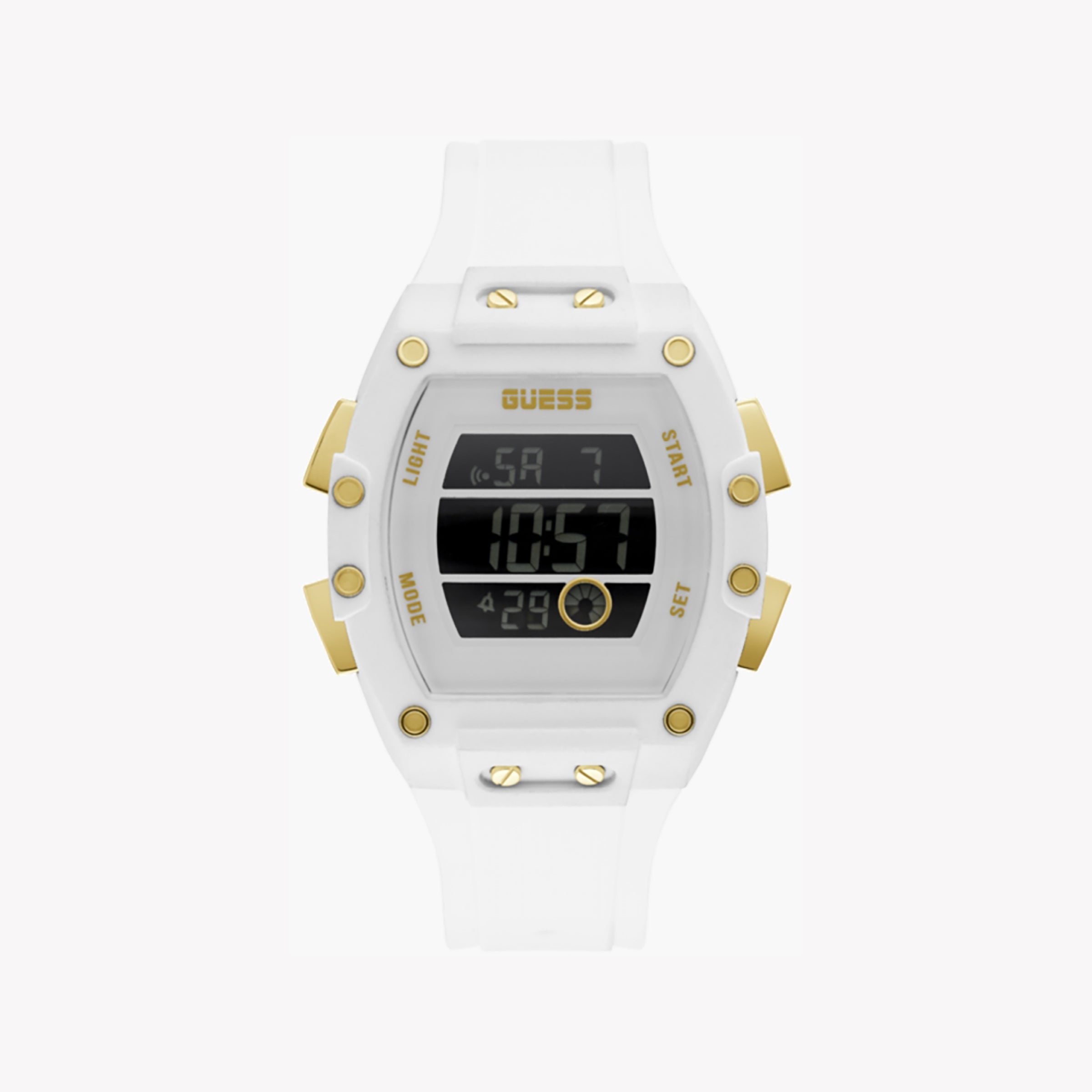 Digital Watches for Men with Compass Feature-GUESS Men's White Silicone Watch, Digital Display | GW0340G1