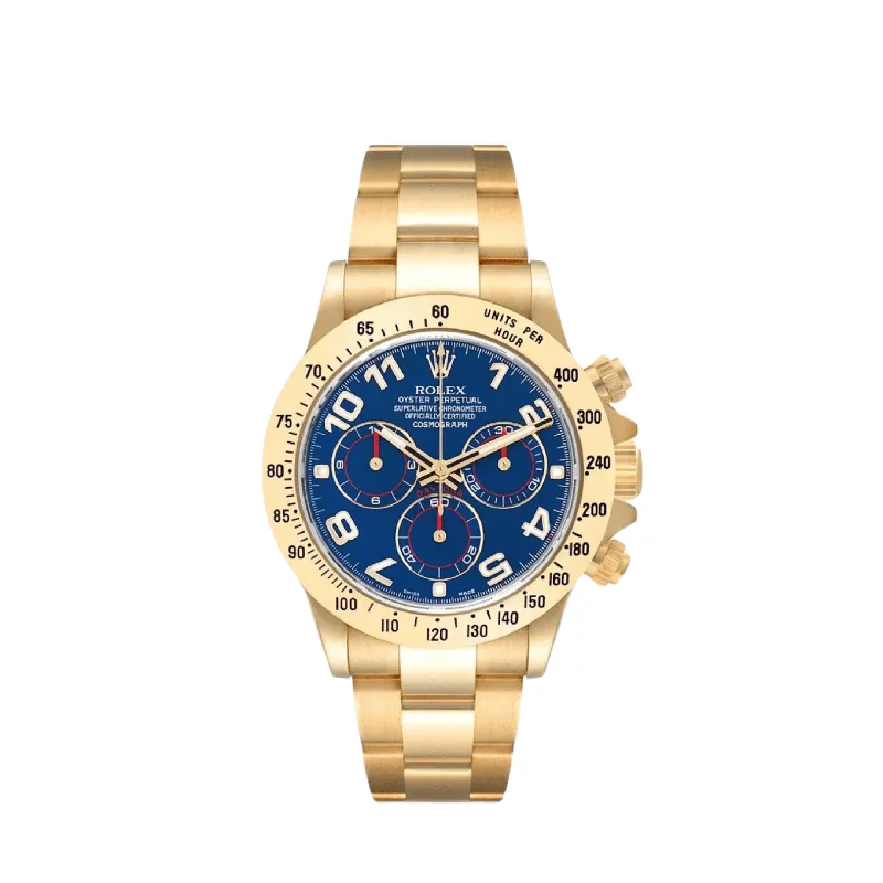 men's Rolex watches with screw-down crown -​Rolex Daytona 116508 Yellow Gold Blue Racing Arabic Dial