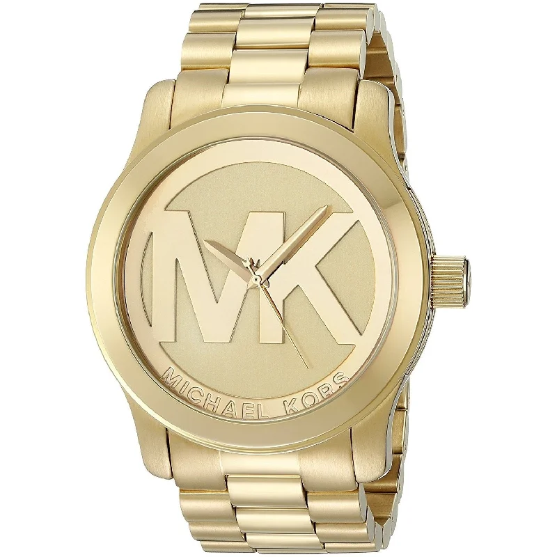 Women's Chronograph Watches with Dual Time Zones-Michael Kors Women's MK5473 Runway MK Logo Gold-Tone Stainless Steel Watch