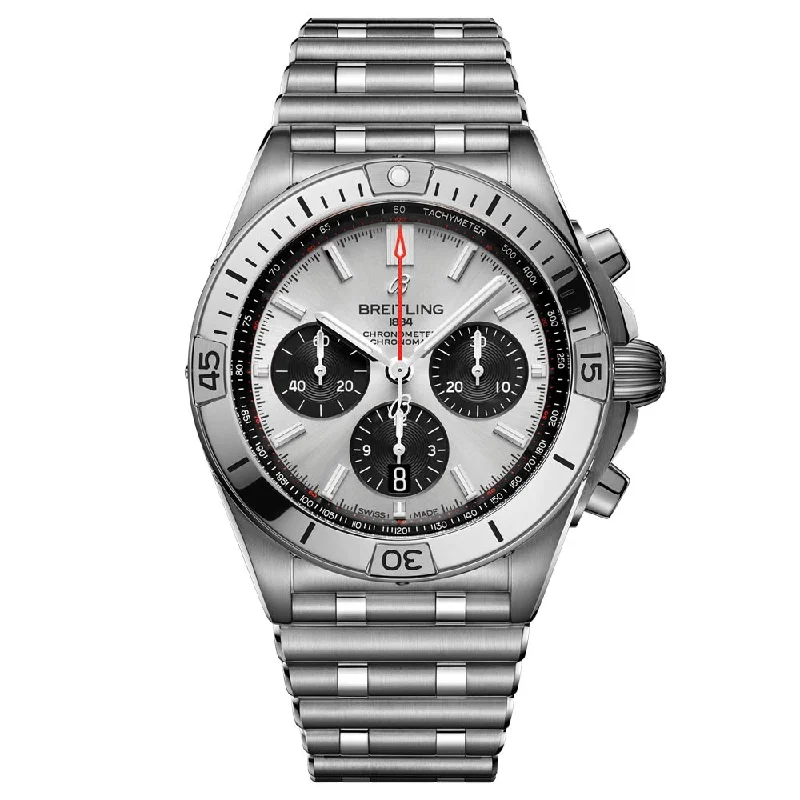 Women's Chronograph Watches with Advanced Materials-Breitling Chronomat B01 42mm Silver Dial Automatic Chronograph Gents Watch AB0134101G1A1