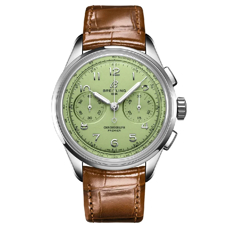Women's Chronograph Watches for Military Personnel-Breitling Premier B09 Chronograph 40mm Pistachio Green Dial Manual Wound Gents Watch AB0930D31L1P1