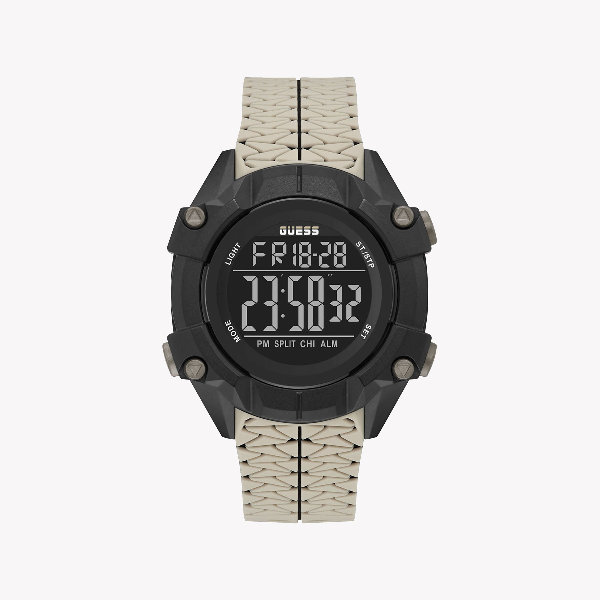 Men's Digital Watches for Fitness Tracking-GUESS Men's Black Stainless Steel, Beige Silicone | GW0342G2