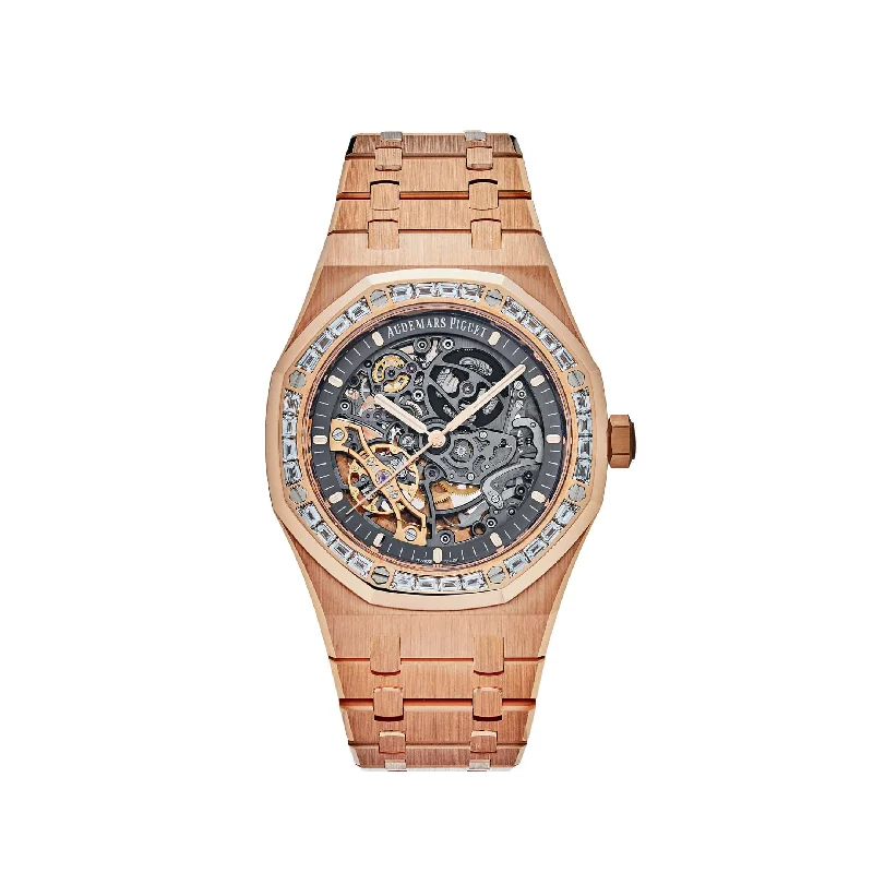 Men's Audemars Piguet Night Out Design Watches-Audemars Piguet Royal Oak 15412OR.ZZ.1220OR.01 Double Balance Wheel Openworked Rose Gold Baguette Bezel (2021)