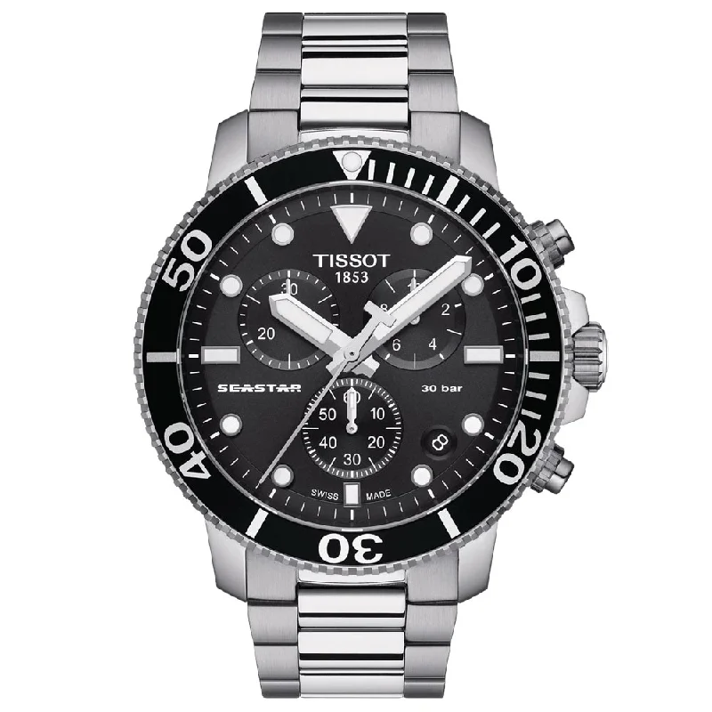 Women's Chronograph Watches for Law Enforcement-Tissot Seastar 1000 Chronograph 45.5mm Black Dial Quartz Gents Watch T1204171105100
