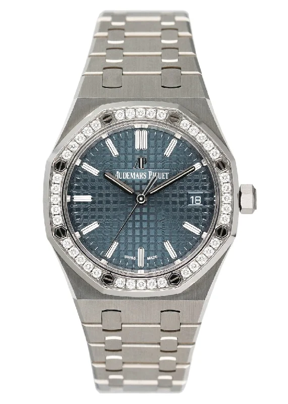 Men's Audemars Piguet Autumn Watches-Audemars Piguet Royal Oak 77351ST Diamond Blue Dial Ladies Watch Box Papers