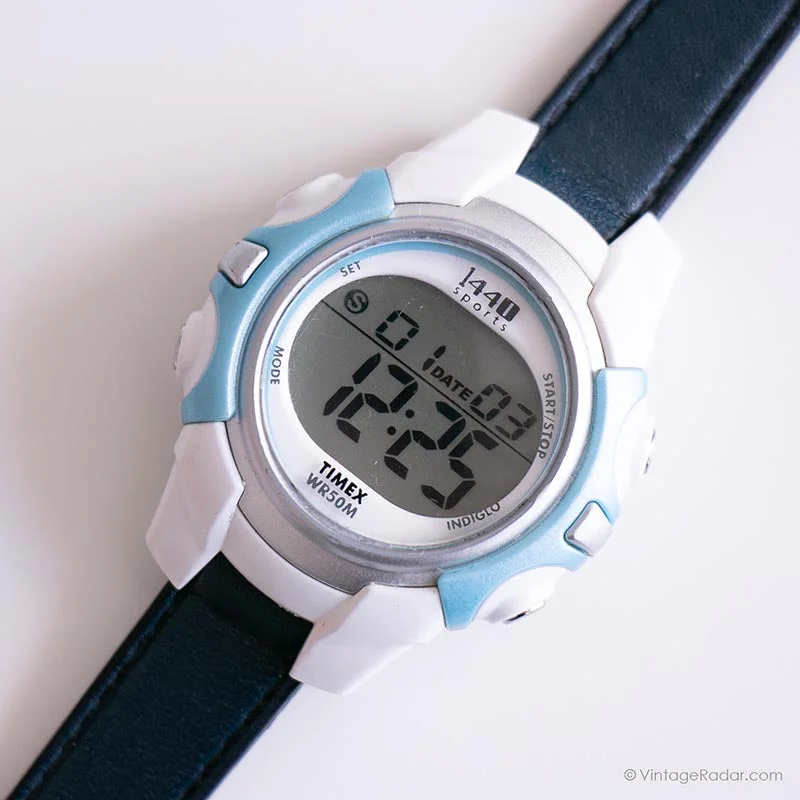 Women's Pilot Watches with Stainless Steel Cases-Vintage White Timex Sports Watch for Her | Digital Chronograph Watch