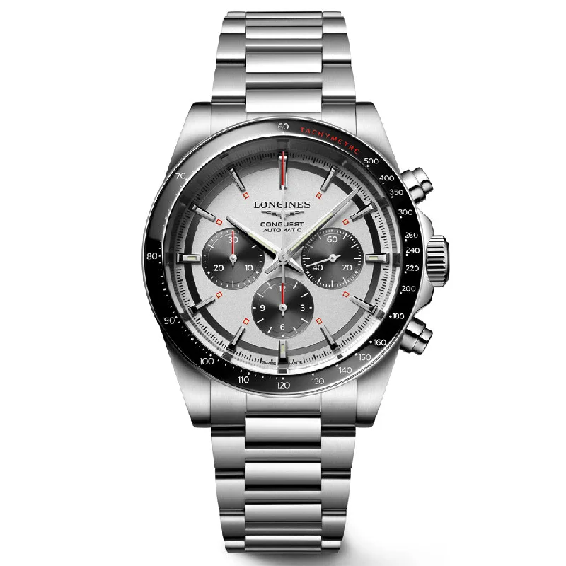 Women's Chronograph Watches with Dual Time Zones-Longines Conquest 42mm Silver Dial Automatic Chronograph Gents Watch L3.835.4.72.6