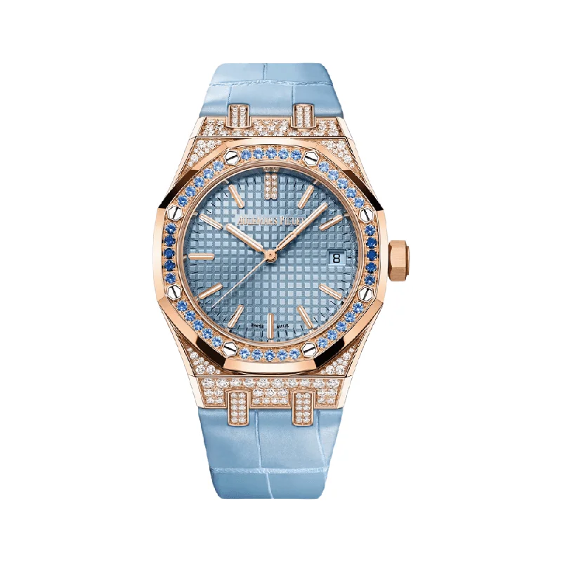 Men's Audemars Piguet Vintage Style Watches-Audemars Piguet Royal Oak 15551OR.ZS.D344CR.01 Diamond and Sapphire Bezel Sapphire and Rose Gold Case Blue Dial