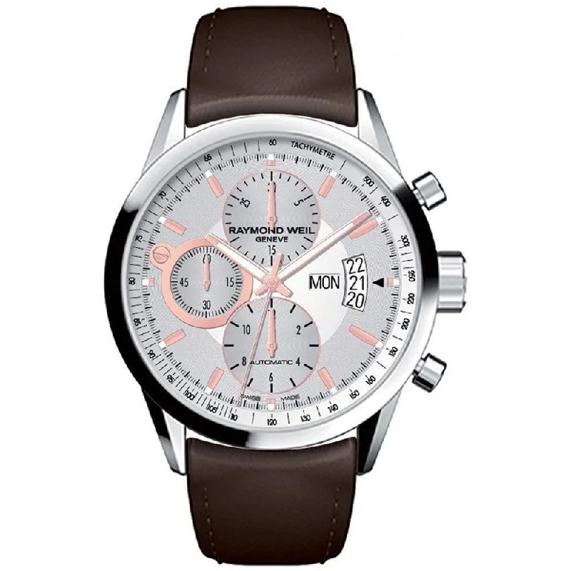 Men's Chronograph Watches with Luxury Materials-Raymond Weil Men's 7730-STC-65025 Freelancer Chronograph Automatic Brown Leather Watch