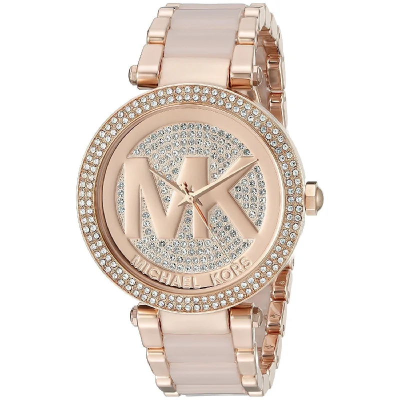 Women's Chronograph Watches for UV Protection-Michael Kors Women's MK6176 Parker MK Logo Crystal Rose-Tone Stainless Steel Watch
