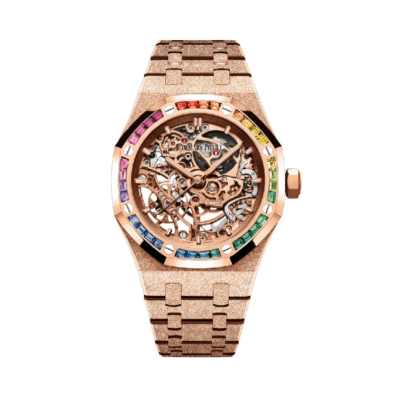 Men's Audemars Piguet Romantic Dinner Design Watches-Audemars Piguet Royal Oak 15468OR.YG.1259OR.01 Openworked Frosted Rose Gold Rainbow Bezel