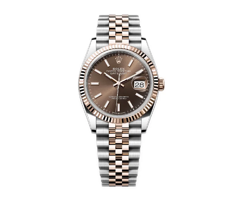 Rolex Datejust vs Day-Date comparison for men's dress watches -36mm Steel & 18k Everose Gold Chocolate Index Dial Jubilee