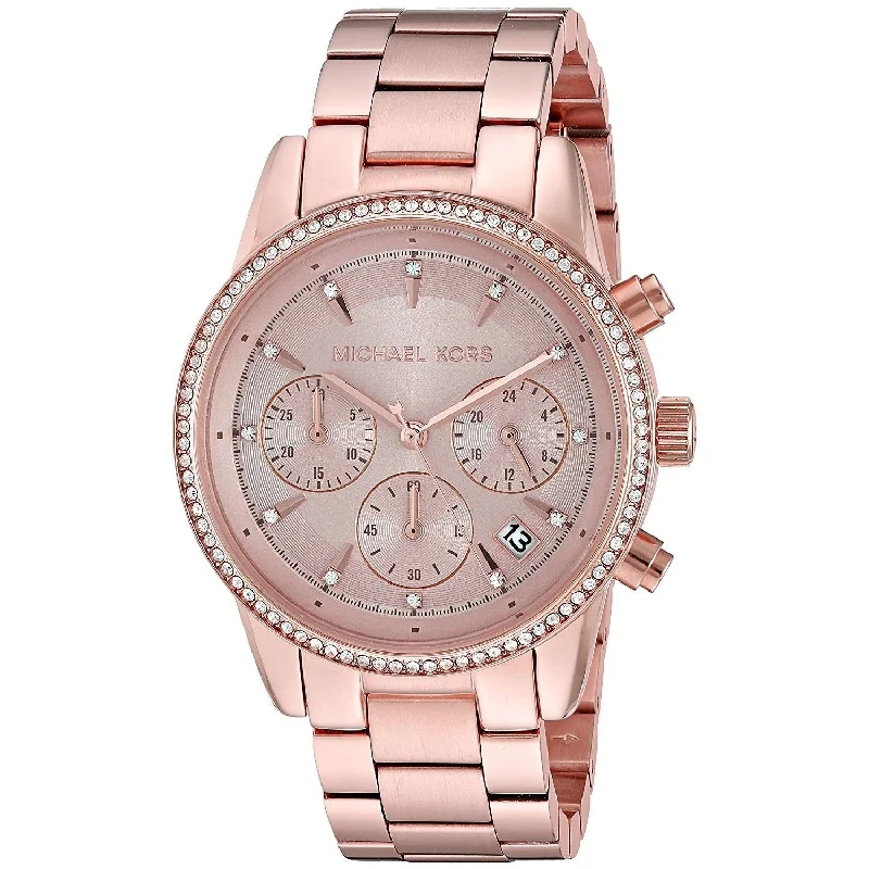 Women's Chronograph Watches for Mountain Climbing-Michael Kors Women's MK6357 Ritz Chronograph Crystal Rose-Tone Stainless Steel Watch