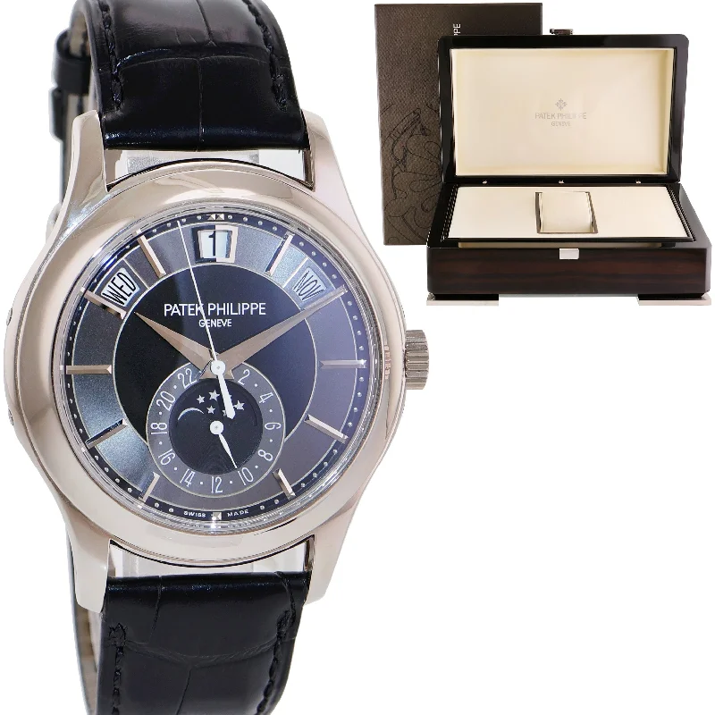 Women's Patek Philippe Calatrava Watches-Patek Philippe 5205G White Gold Calatrava Clasp Annual Calendar Moon Black Watch