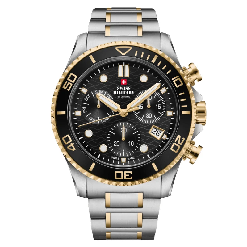 Men's Military Watches with Special Response Teams-Swiss Military Two-Tone Steel Black Dial Chronograph Men's Swiss Made Watch - SM34101.03