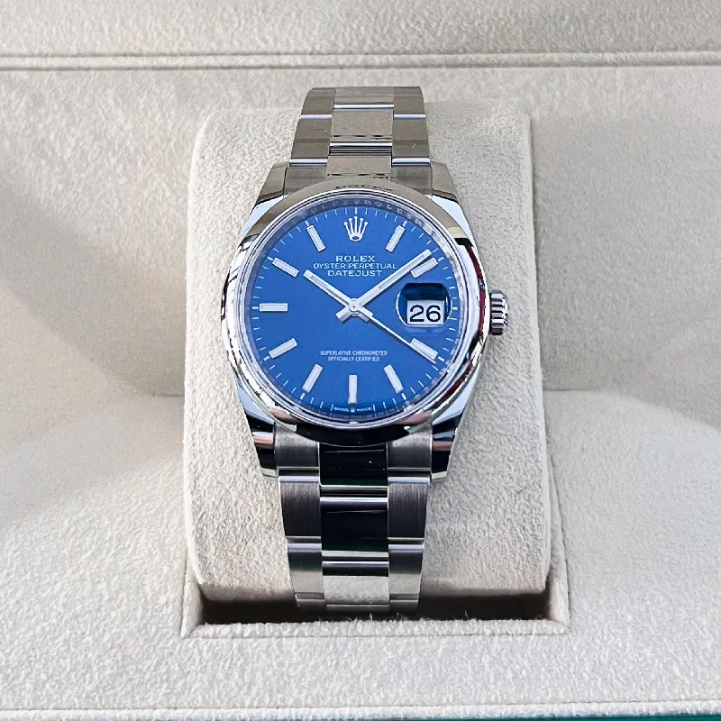 men's Rolex watches with meteorite bezel -​Rolex Datejust36 36mm Steel Blue Dial Stick Markers 2024 Ref m126200-0006 (#848)