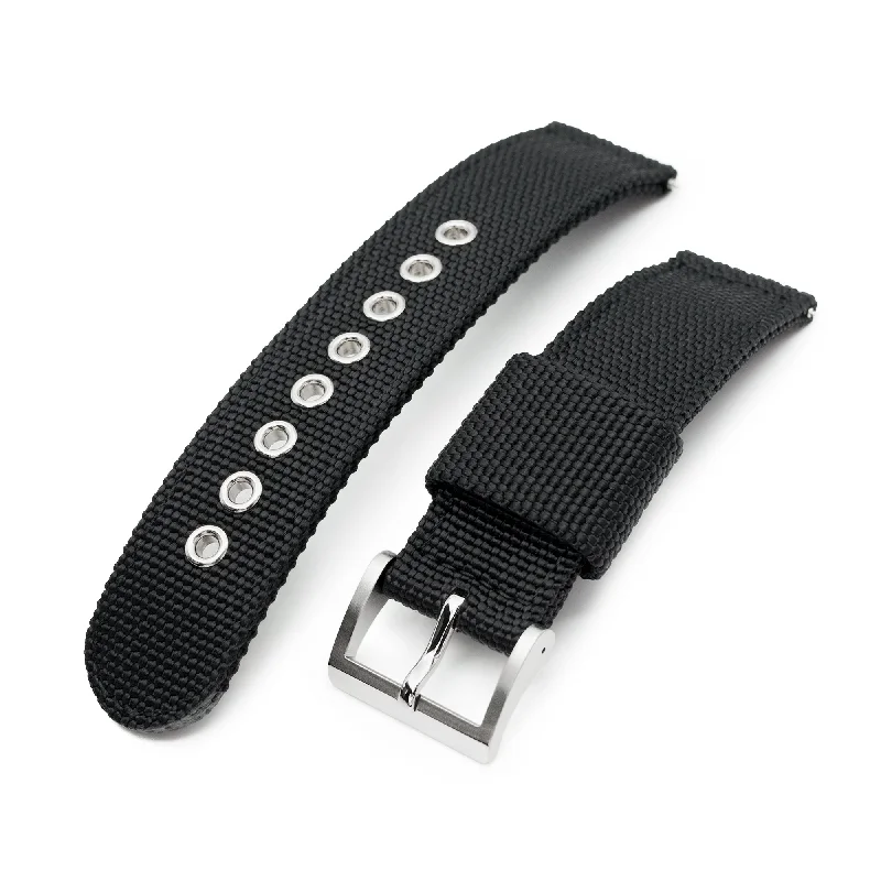 Men's Military Watches for Folk Music Festivals-20mm or 22mm Black Premium Nylon Weaved Quick Release Watch Band with Eyelet
