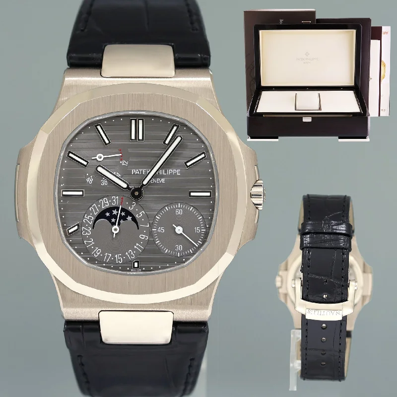 Women's Patek Philippe Unique Shape Style Watches-MINT PAPERS Patek Philippe Nautilus White Gold Leather 5712G Moonphase Watch Box