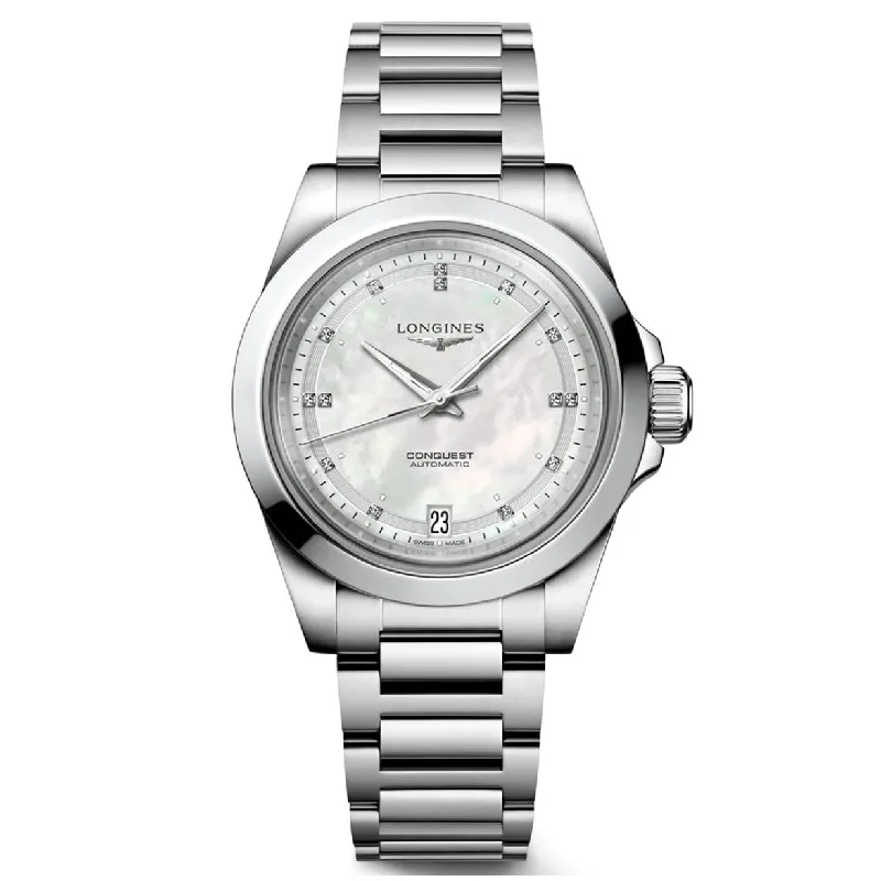 Women's Pilot Watches for Travelers-Longines Conquest White Mother-Of-Pearl Dial Women 34mm