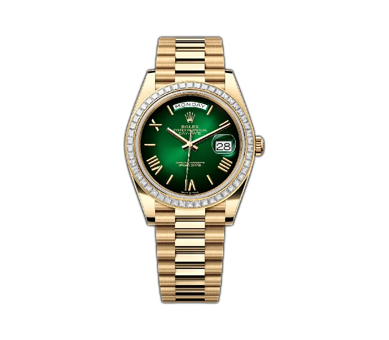 men's Rolex watches with sector dial -​40mm 18k Yellow Gold President Baguette Diamond Bezel Green Roman Ombre