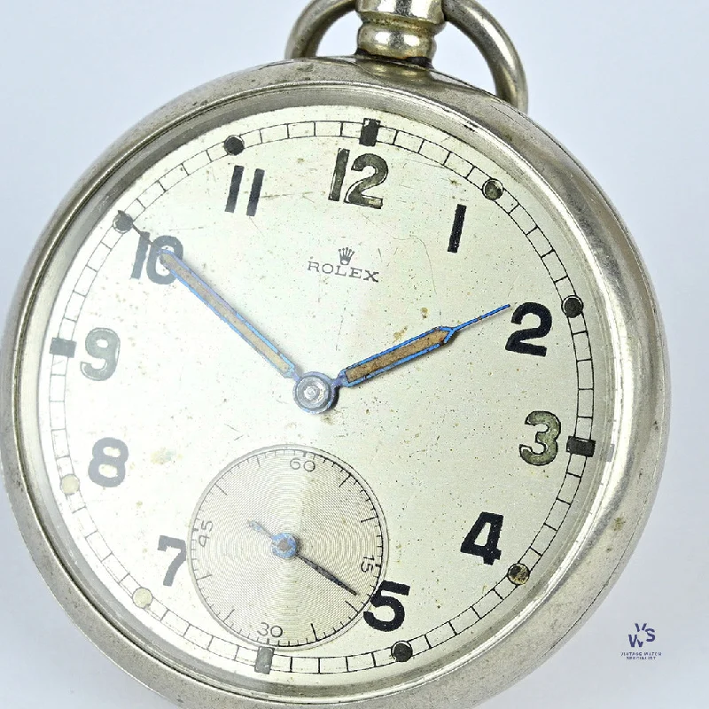 Men's Military Watches for Living History Museums-Rare Rolex Military Pocket Watch - Silver Dial - Original GS Military Engravings - c. 1930s