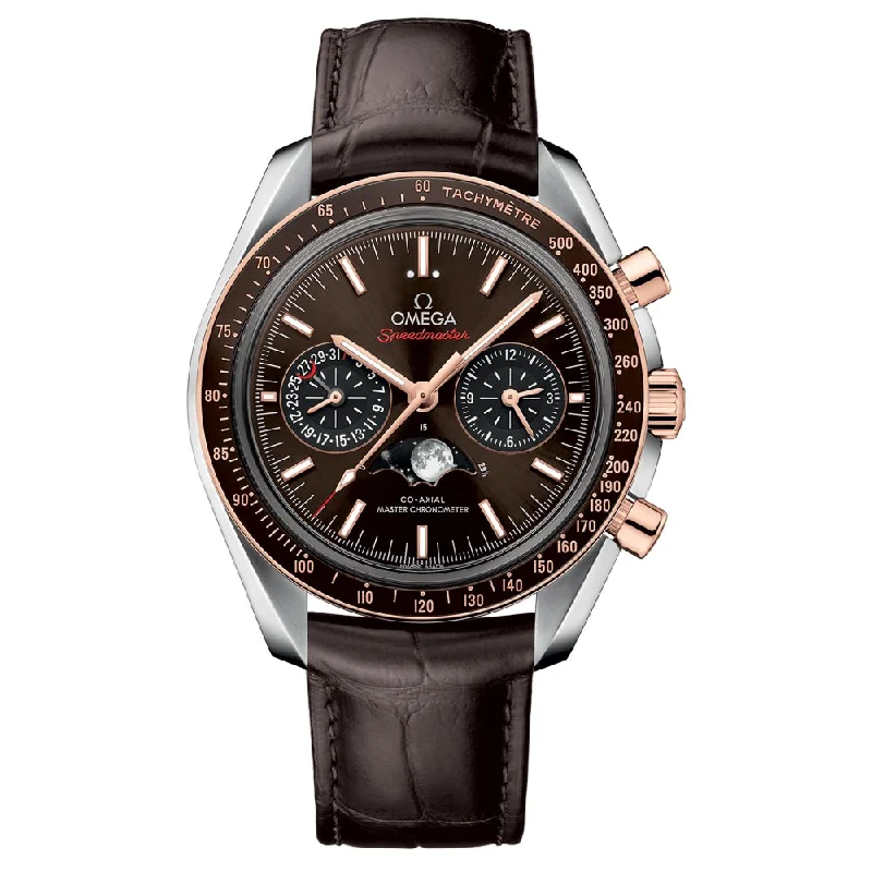 Women's Chronograph Watches with Advanced Navigation-OMEGA Speedmaster Moonphase Chronograph 44.25mm Brown Dial Steel & 18ct Rose Gold Automatic Gents Watch 30423445213001