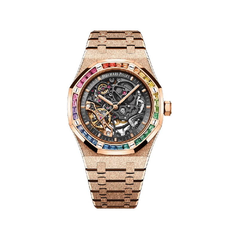 Men's Audemars Piguet Swiss Made Style Watches-Audemars Piguet Royal Oak 15412OR.YG.1224OR.01-B Double Balance Wheel Baguette Gemstones Frosted Rose Gold Openworked Dial