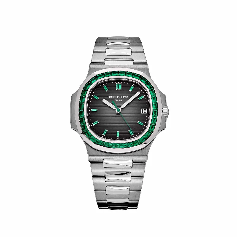 Men's Patek Philippe Calatrava Watches-Patek Philippe Nautilus 5711/113P-001 Date Platinum Emeralds Black Dial (2021)