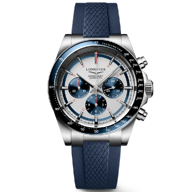 Women's Chronograph Watches for Travelers-Longines Conquest 42mm Silver Dial Automatic Chronograph Gents Watch L3.835.4.98.9
