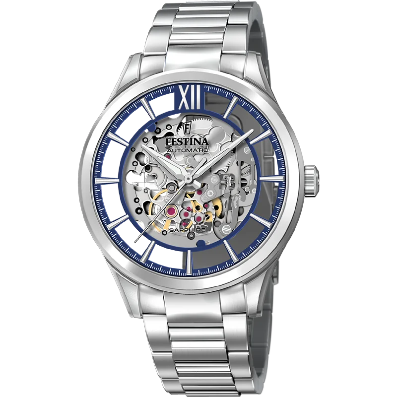 Men's Oval Case Dress Watches for Elegant Design-Festina Skeleton Auto Men's Silver Watch F20630/3