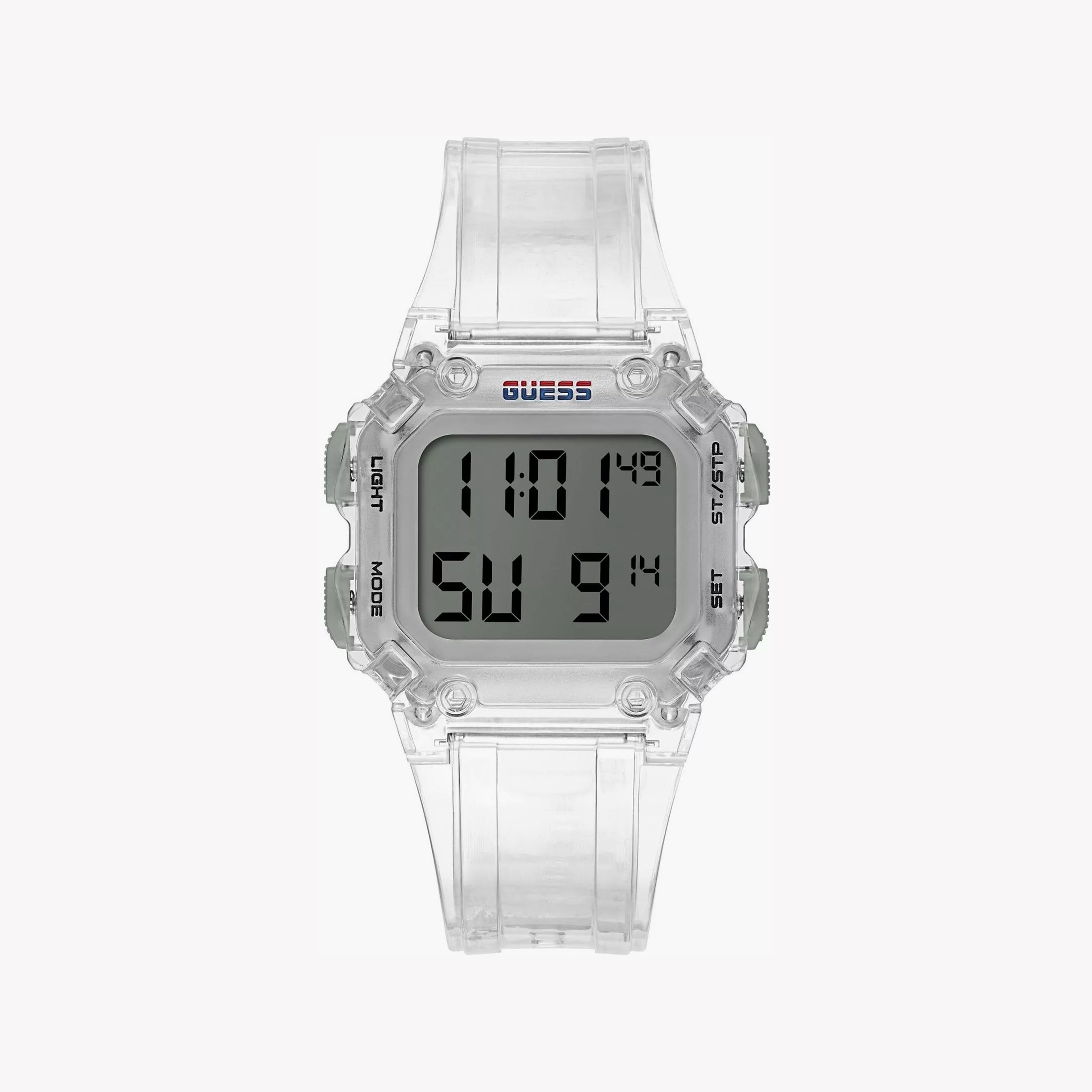 Men's Digital Watches for Weather Monitoring-GUESS Men's Clear Plastic Watch, Digital Dial | GW0270G1