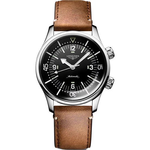 Women's Pilot Watches with Thick Case Statement-Longines Legend Diver Black Lacquered Polished Dial Unisex 39mm