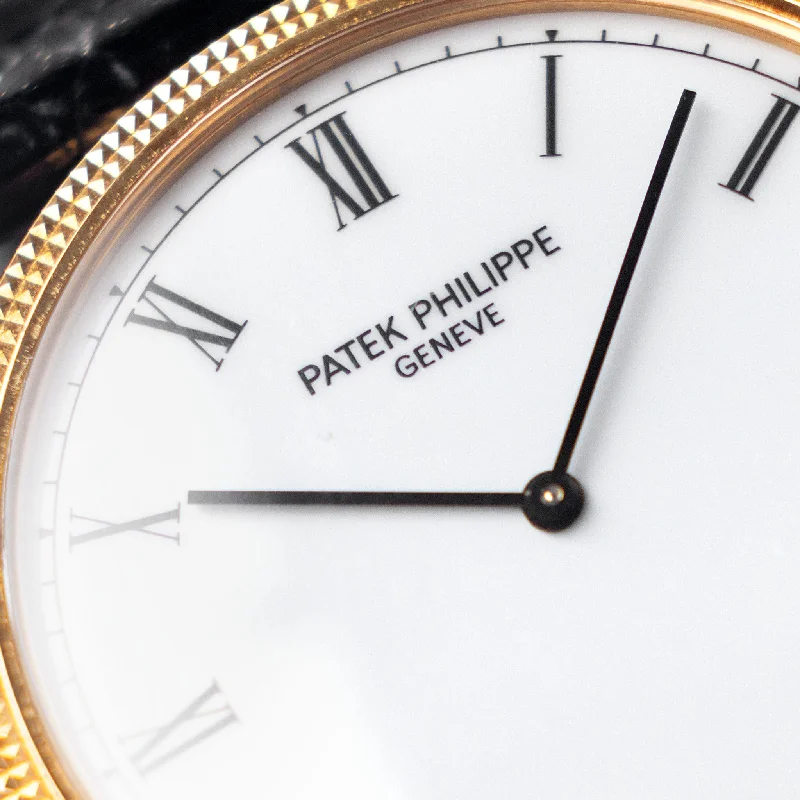 Men's Patek Philippe Watches with Metal Bands-Patek Philippe Calatrava in 18k Yellow Gold Ref. 3520 Porcelain Dial with Original Certificate of Origin "Clous de Paris"