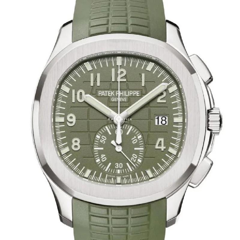 Men's Patek Philippe Watches for Military Personnel-Patek Philippe Aquanaut Flyback Chronograph White Gold Green Khaki Dial 5968G-010