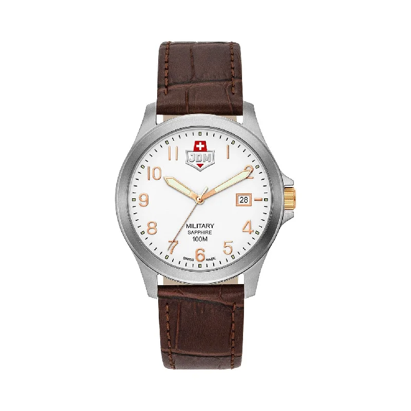 Men's Military Watches with Pop Music Venues-JDM Military Alpha I Men's White Dial Brown Leather Strap Watch JDM-WG001-02 – Swiss Made, Sapphire Crystal, 10 ATM Water Resistance, Date Function