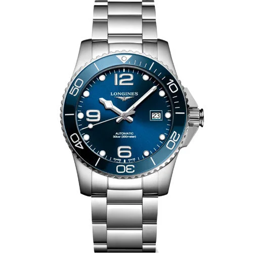Women's Pilot Watches with Dual Time Zones-Longines Hydroconquest Sunray Blue Dial Men 41mm
