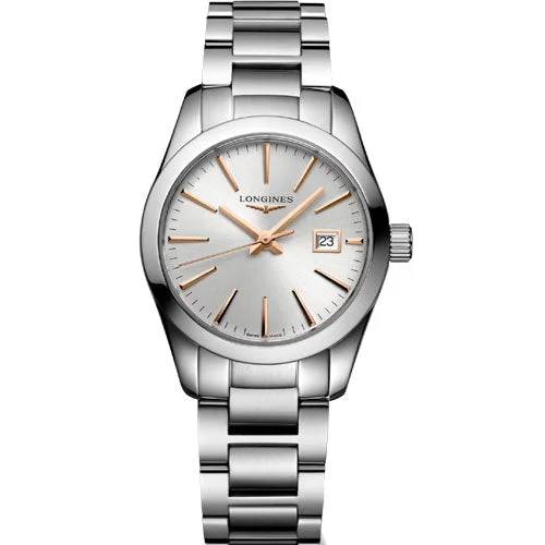 Women's Pilot Watches with Leather Straps-Longines Conquest Classic Sunray Silver Dial Women 29.5mm
