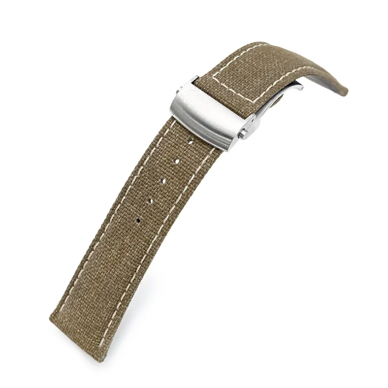 Men's Military Watches with Hygrometer-20mm or 22mm Khaki Canvas Watch Band Brushed Roller Deployant Buckle, Beige Stitching