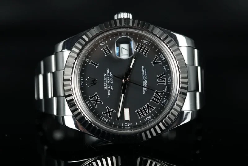 men's Rolex watches with dual time zones -​Rolex Datejust II 41mm SS Slate Stick Dial 116300 with Fluted bezel card