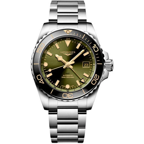 Women's Pilot Watches with Extra Large Case Size-Longines Hydroconquest Gmt Sunray Green Dial Men 41mm