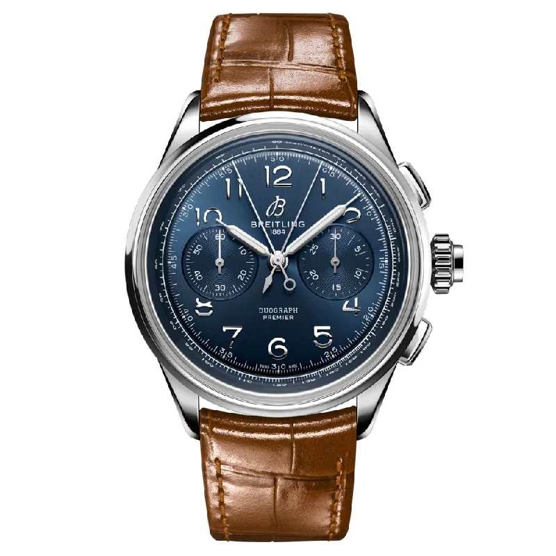Women's Chronograph Watches with Laser Engraving-Breitling Premier B15 Duograph 42mm Blue Dial Manual Wound Gents Watch AB1510171C1P1
